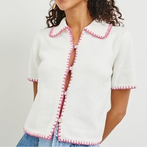 Rails Maliah Cotton Knit Cardigan Ivory Hibiscus Pink Trim Sz S